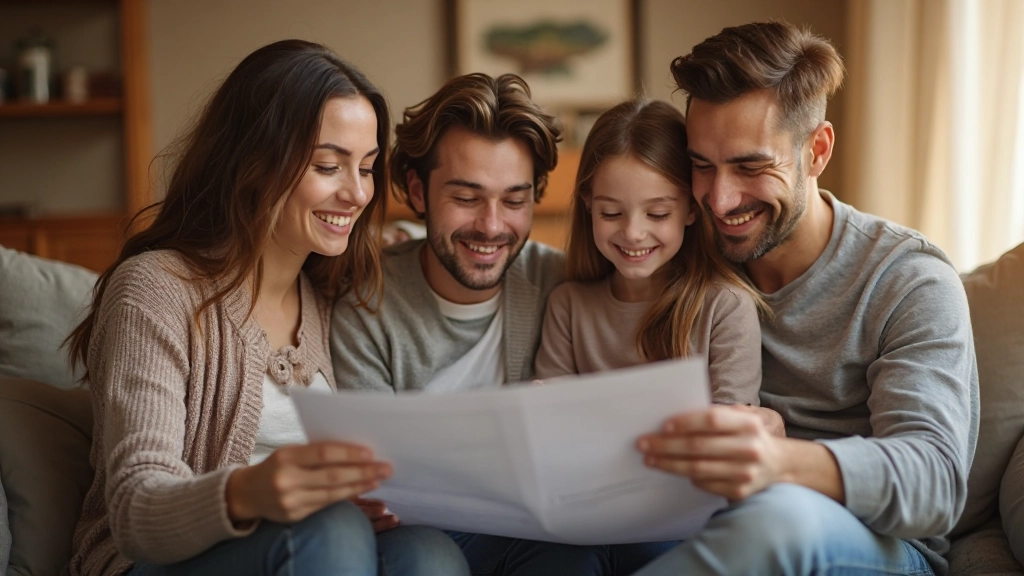 Família portuguesa reunida em sala de estar analisando documentos financeiros juntos com seriedade