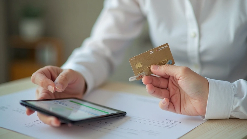 Cartão de crédito e dispositivo móvel mostrando transações e gastos em aplicação bancária